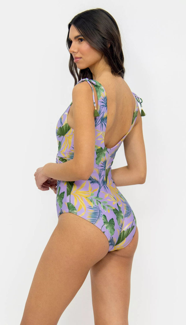 Completo Lila Estampado Botánico Control Abdominal Bailando Entre Palmas - Bari, los mejores trajes de baño y Bikinis. Diseño y tecnología juntos.