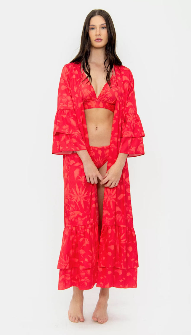 Kimono Estampado Floral Rojo Bailando Entre Palmas - Bari, los mejores trajes de baño y Bikinis. Diseño y tecnología juntos.
