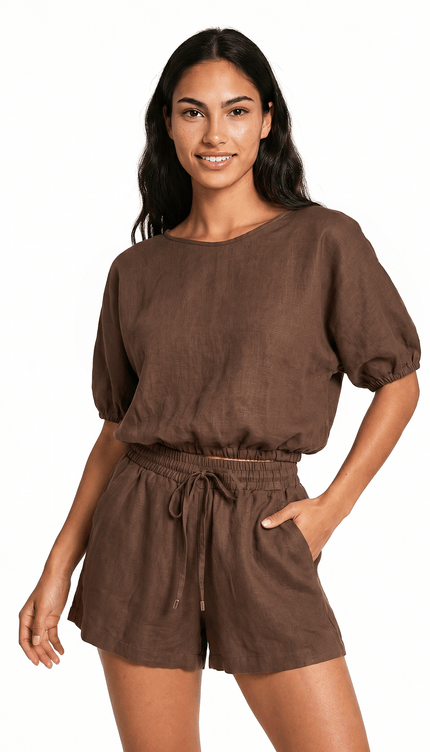 Conjunto Blusa y Shorts Café , Colección Alquimia - Bari, los mejores trajes de baño y Bikinis. Diseño y tecnología juntos.