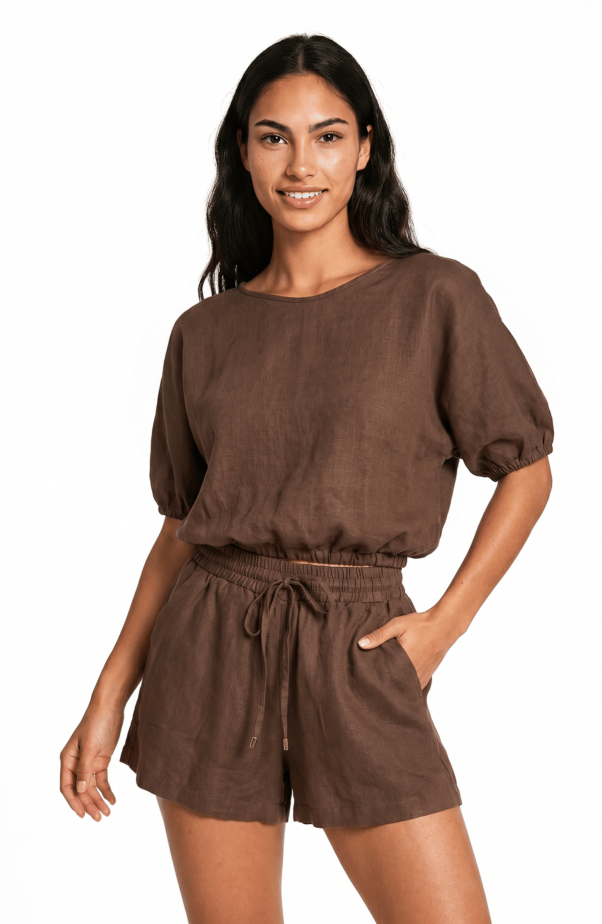 Conjunto Blusa y Shorts Café , Colección Alquimia - Bari, los mejores trajes de baño y Bikinis. Diseño y tecnología juntos.