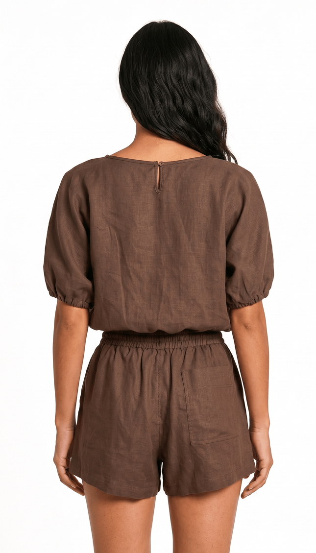 Conjunto Blusa y Shorts Café , Colección Alquimia - Bari, los mejores trajes de baño y Bikinis. Diseño y tecnología juntos.