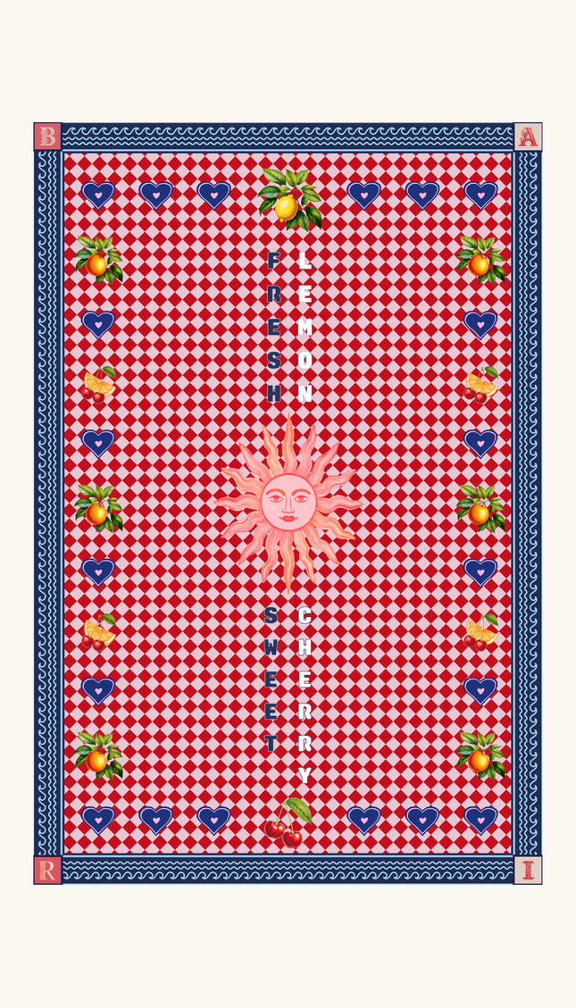 Toalla Reversible Cuadros, Colección Alma Frutal - Bari, los mejores trajes de baño y Bikinis. Diseño y tecnología juntos.