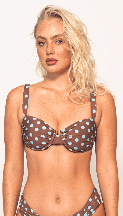 Top de Bikini Café con Lunares, Colección ODISEA - Bari, los mejores trajes de baño y Bikinis. Diseño y tecnología juntos.