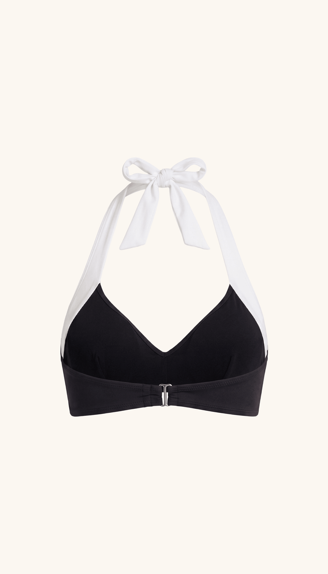 Top de Bikini Halter Negro con Blanco, Colección ODISEA - Bari, los mejores trajes de baño y Bikinis. Diseño y tecnología juntos.