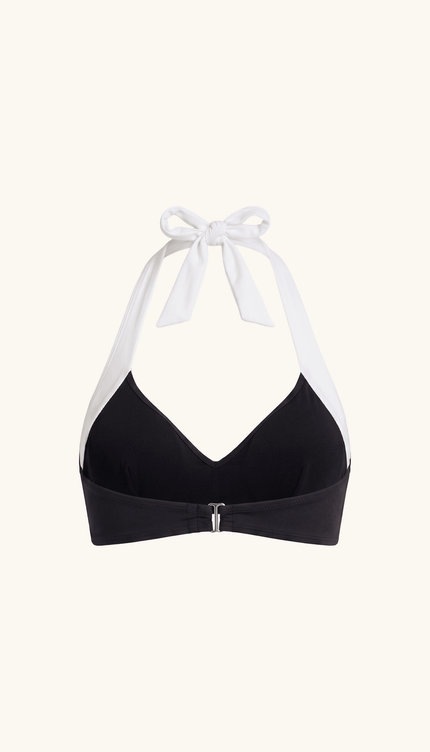 Top de Bikini Halter Negro con Blanco, Colección ODISEA - Bari, los mejores trajes de baño y Bikinis. Diseño y tecnología juntos.