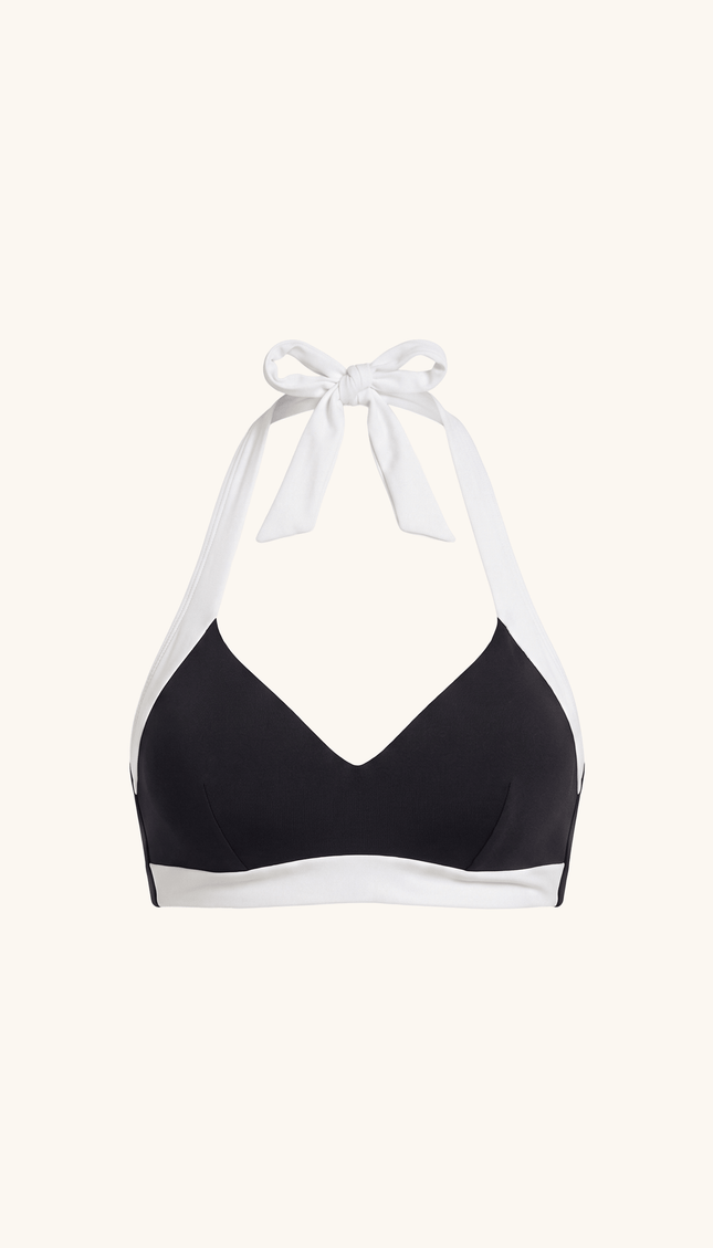Top de Bikini Halter Negro con Blanco, Colección ODISEA - Bari, los mejores trajes de baño y Bikinis. Diseño y tecnología juntos.