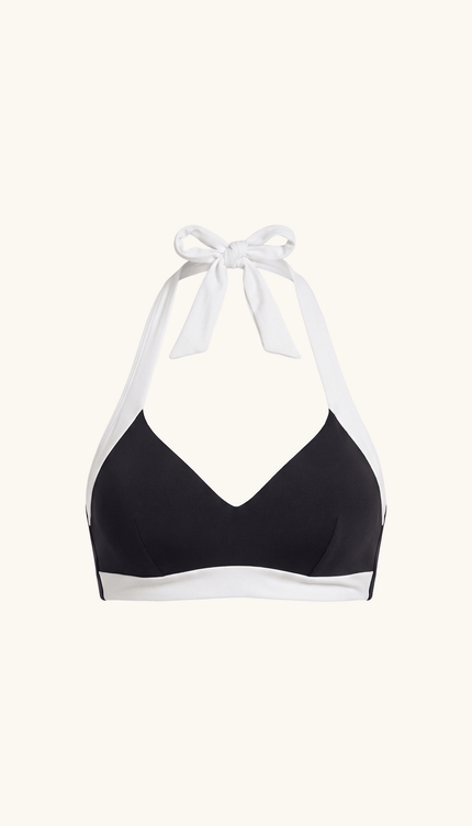 Top de Bikini Halter Negro con Blanco, Colección ODISEA - Bari, los mejores trajes de baño y Bikinis. Diseño y tecnología juntos.