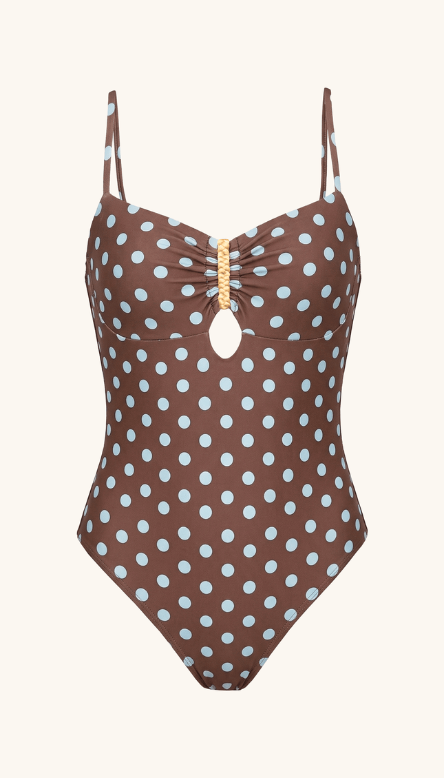 Traje de Baño Completo Café Polka Dots Control Abdominal, Colección ODISEA - Bari, los mejores trajes de baño y Bikinis. Diseño y tecnología juntos.