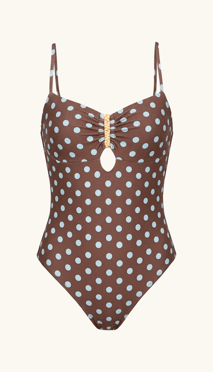 Traje de Baño Completo Café Polka Dots Control Abdominal, Colección ODISEA - Bari, los mejores trajes de baño y Bikinis. Diseño y tecnología juntos.