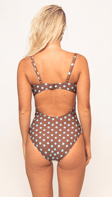 Traje de Baño Completo Café Polka Dots Control Abdominal, Colección ODISEA - Bari, los mejores trajes de baño y Bikinis. Diseño y tecnología juntos.