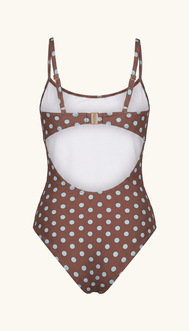 Traje de Baño Completo Café Polka Dots Control Abdominal, Colección ODISEA - Bari, los mejores trajes de baño y Bikinis. Diseño y tecnología juntos.