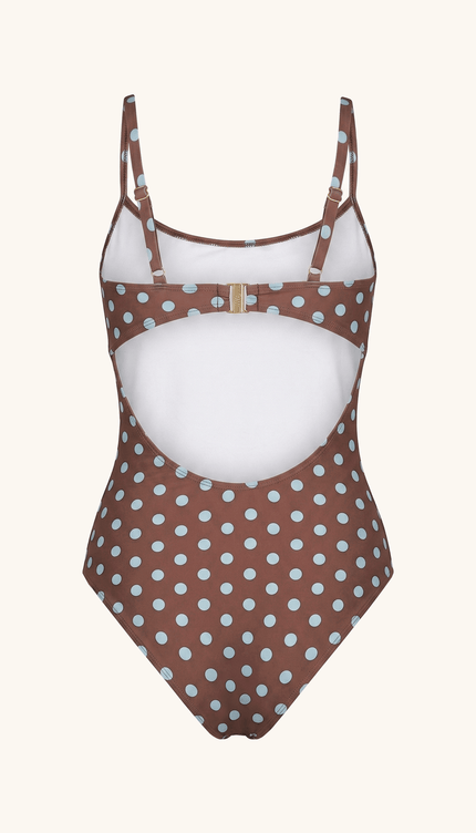 Traje de Baño Completo Café Polka Dots Control Abdominal, Colección ODISEA - Bari, los mejores trajes de baño y Bikinis. Diseño y tecnología juntos.