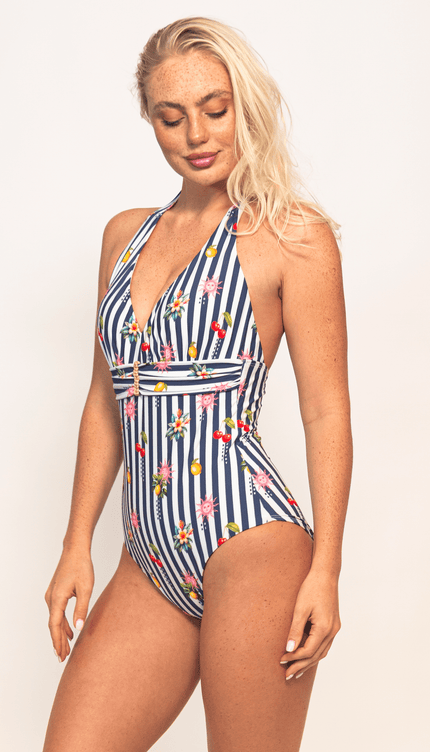 Traje de Baño Completo Rayas Control Abdominal Halter, Colección Alma Frutal - Bari, los mejores trajes de baño y Bikinis. Diseño y tecnología juntos.