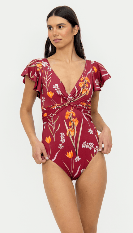 Traje de Baño Completo Vino Estampado Botánico Control Abdominal Bailando Entre Palmas - Bari, los mejores trajes de baño y Bikinis. Diseño y tecnología juntos.