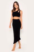 Vestido Largo Negro de Un Hombro con Perlas, Colección Selva Bari Swimwear - Bari, los mejores trajes de baño y Bikinis. Diseño y tecnología juntos.