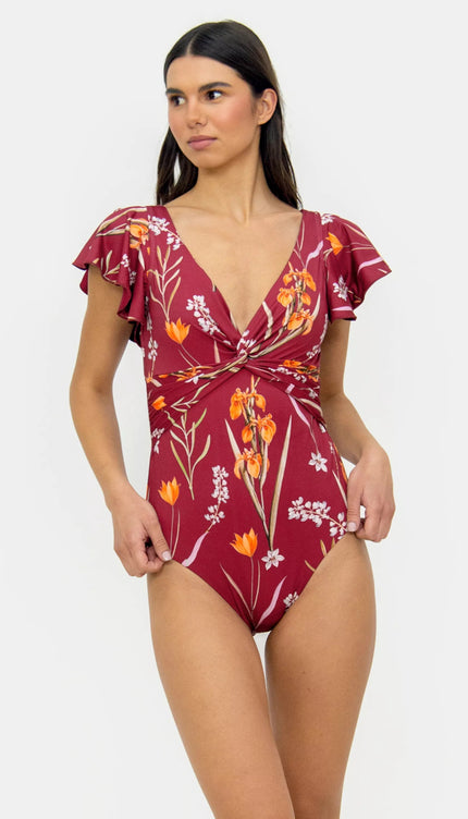 Completo Vino Estampado Botánico Control Abdominal Bailando Entre Palmas - Bari, los mejores trajes de baño en México.