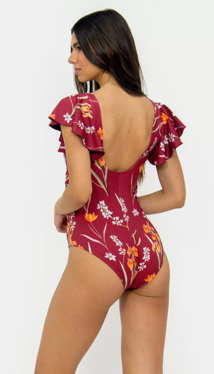 Completo Vino Estampado Botánico Control Abdominal Bailando Entre Palmas - Bari, los mejores trajes de baño en México.
