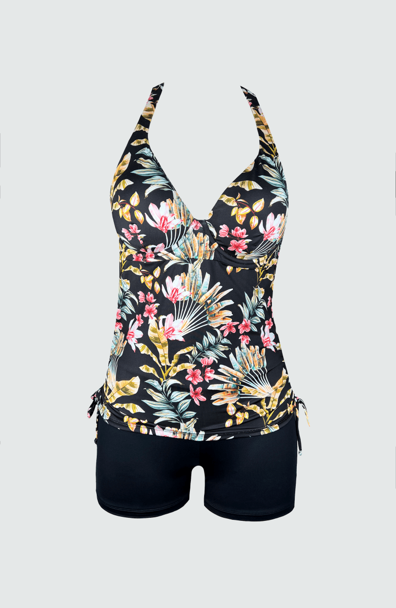 Tankini Short Estampado Floral Bailando Entre Palmas Bari, los mejores trajes de baño en México.