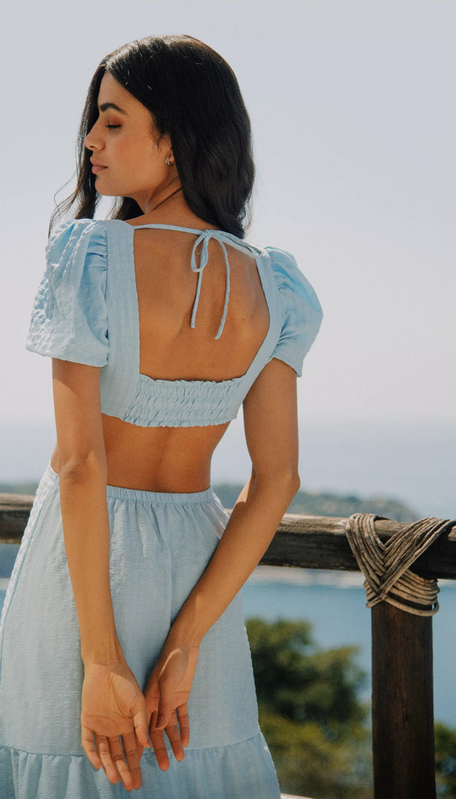 Vestido Largo Azul Bailando Entre Palmas - Bari, los mejores trajes de baño en México.